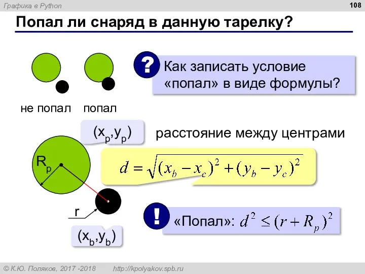 Попал ли снаряд в данную тарелку? (xb,yb) (xp,yp) расстояние между центрами Rp r