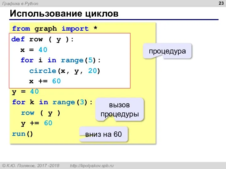 Использование циклов from graph import * def row ( y ):