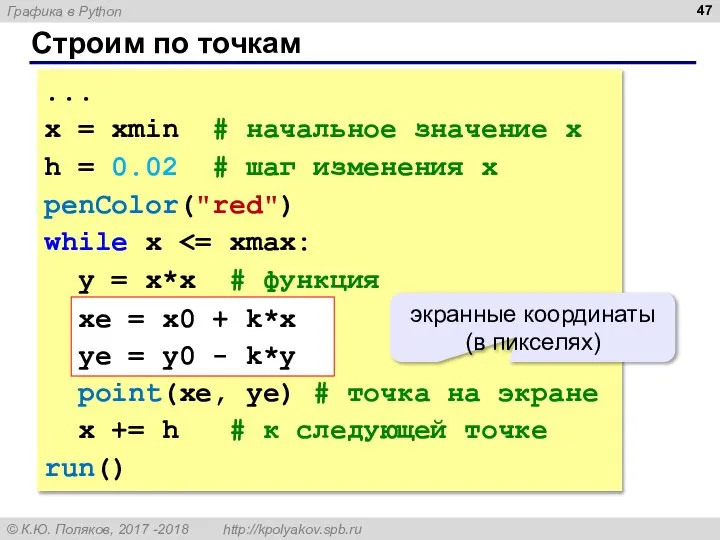 Строим по точкам ... x = xmin # начальное значение x