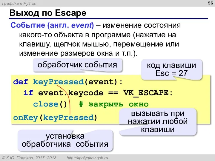 Выход по Escape Событие (англ. event) – изменение состояния какого-то объекта