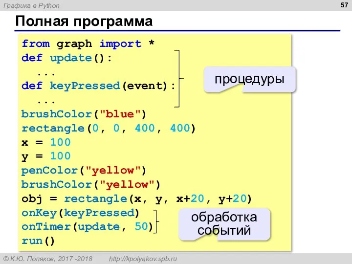 Полная программа from graph import * def update(): ... def keyPressed(event):