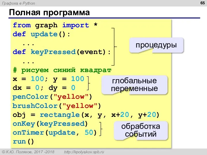 Полная программа from graph import * def update(): ... def keyPressed(event):