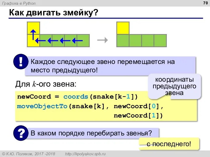 Как двигать змейку? Для k-ого звена: newCoord = coords(snake[k-1]) moveObjectTo(snake[k], newCoord[0],