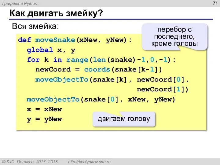 Как двигать змейку? Вся змейка: def moveSnake(xNew, yNew): global x, y