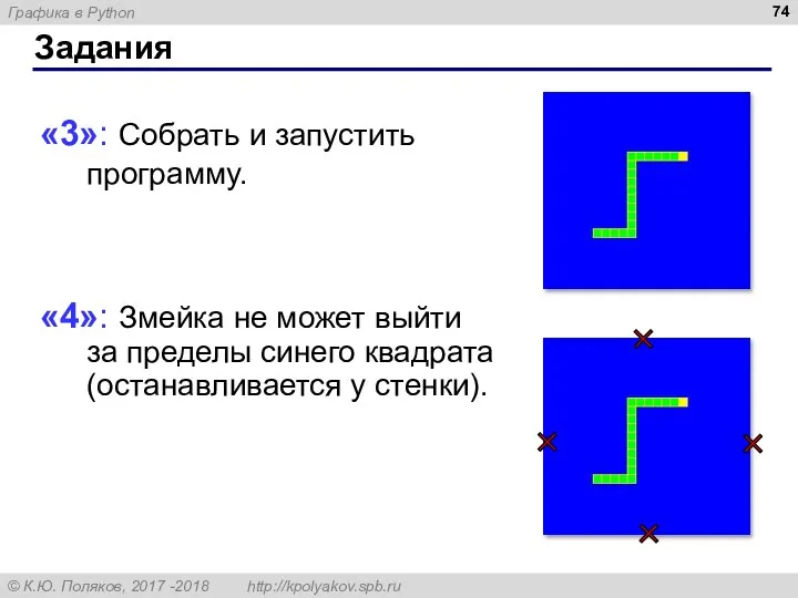 Задания «3»: Собрать и запустить программу. «4»: Змейка не может выйти