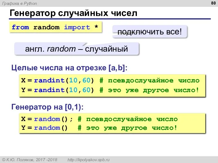 Генератор случайных чисел Генератор на [0,1): X = random(); # псевдослучайное