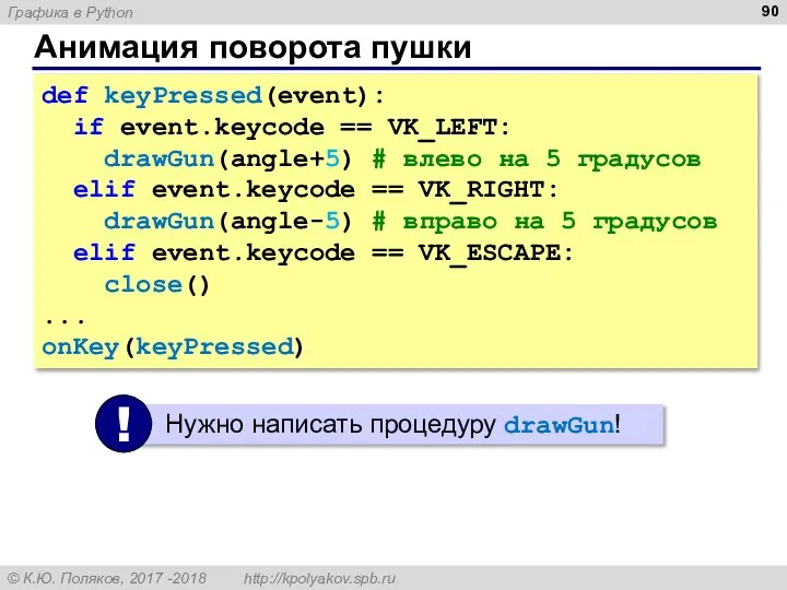 Анимация поворота пушки def keyPressed(event): if event.keycode == VK_LEFT: drawGun(angle+5) #