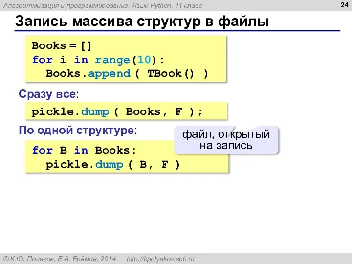 Запись массива структур в файлы pickle.dump ( Books, F ); Сразу