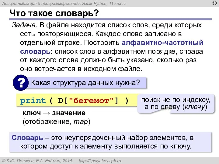 Что такое словарь? Задача. В файле находится список слов, среди которых