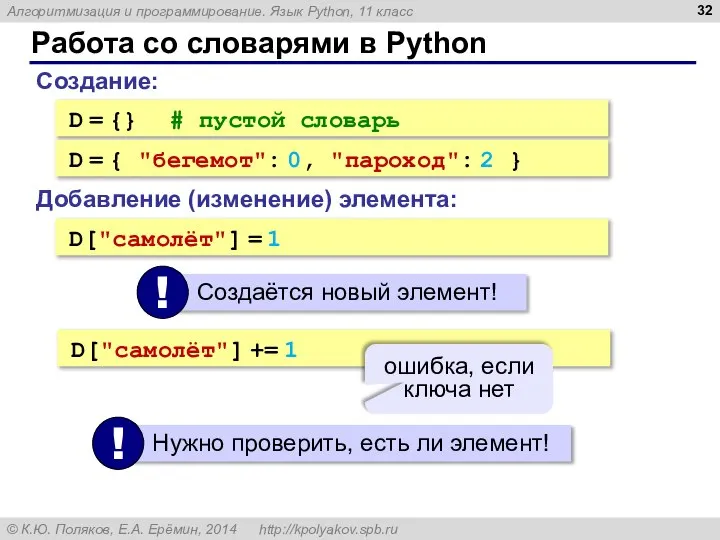 Работа со словарями в Python D = {} # пустой словарь