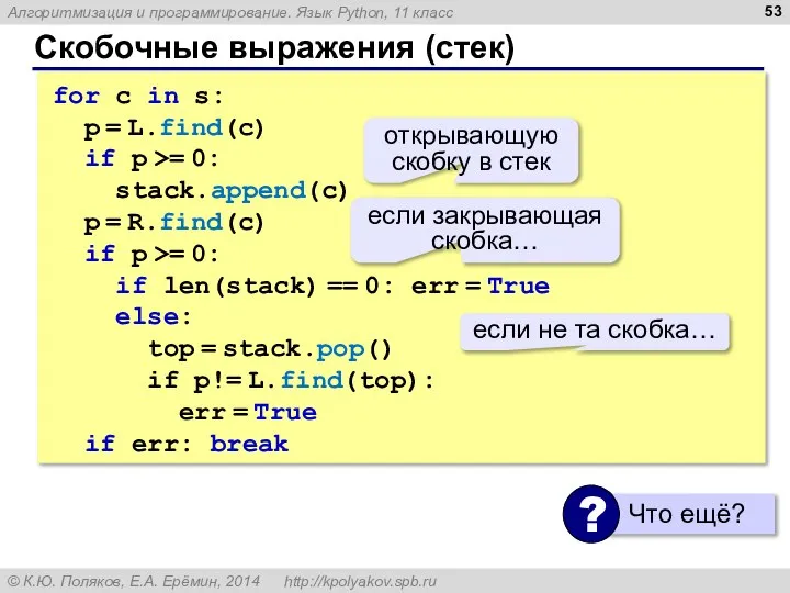 Скобочные выражения (стек) for c in s: p = L.find(c) if