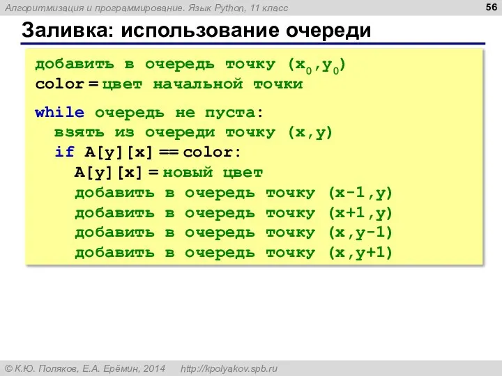 Заливка: использование очереди добавить в очередь точку (x0,y0) color = цвет