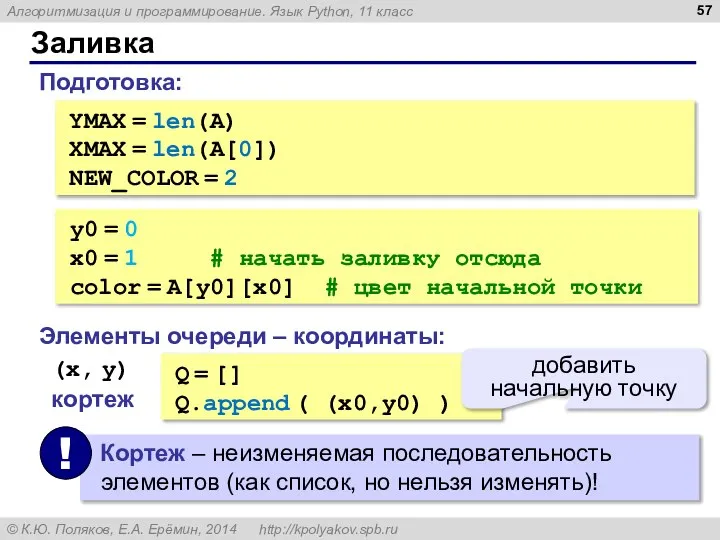 Заливка YMAX = len(A) XMAX = len(A[0]) NEW_COLOR = 2 y0