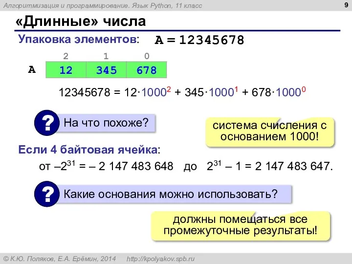 «Длинные» числа Упаковка элементов: 12345678 = 12·10002 + 345·10001 + 678·10000