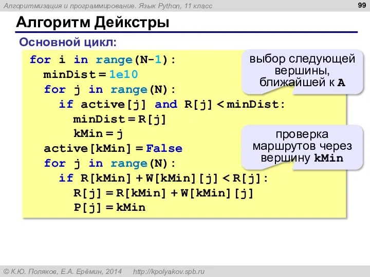 Алгоритм Дейкстры for i in range(N-1): minDist = 1e10 for j