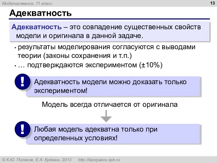 Адекватность Адекватность – это совпадение существенных свойств модели и оригинала в