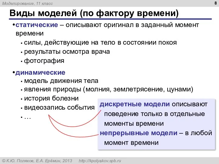 Виды моделей (по фактору времени) статические – описывают оригинал в заданный