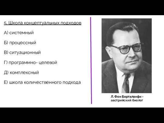 5. Школа концептуальных подходов А) системный Б) процессный В) ситуационный Г)