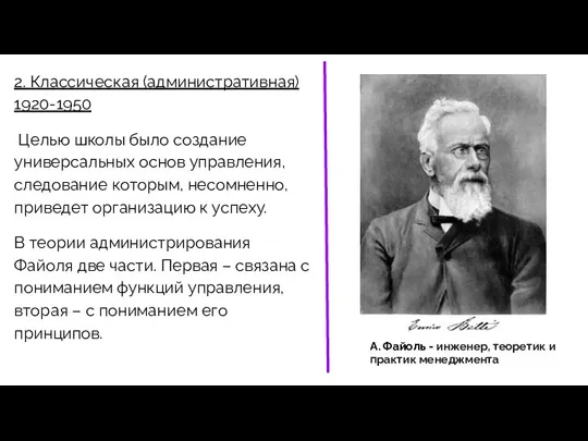 2. Классическая (административная) 1920-1950 Целью школы было создание универсальных основ управления,