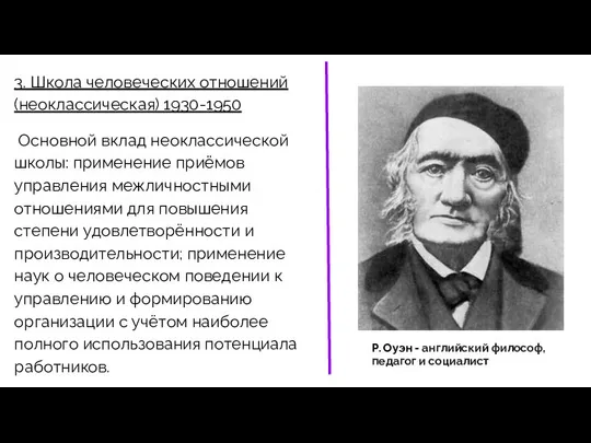 3. Школа человеческих отношений (неоклассическая) 1930-1950 Основной вклад неоклассической школы: применение