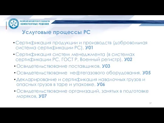 Услуговые процессы РС Сертификация продукции и производств (добровольная система сертификации РС),