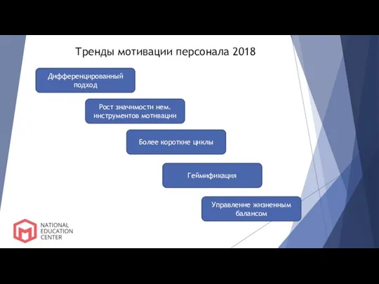 Тренды мотивации персонала 2018 Дифференцированный подход Рост значимости нем.инструментов мотивации Более