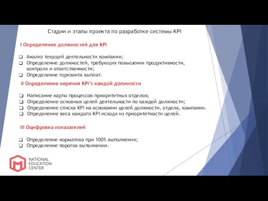 Стадии и этапы проекта по разработке системы KPI I Определение должностей