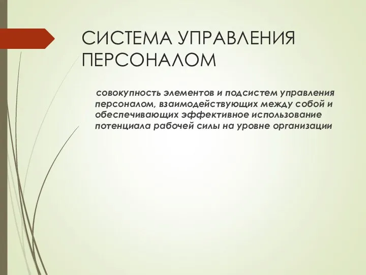 СИСТЕМА УПРАВЛЕНИЯ ПЕРСОНАЛОМ совокупность элементов и подсистем управления персоналом, взаимодействующих между