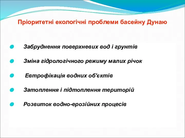 Пріоритетні екологічні проблеми басейну Дунаю Забруднення поверхневих вод і грунтів Зміна