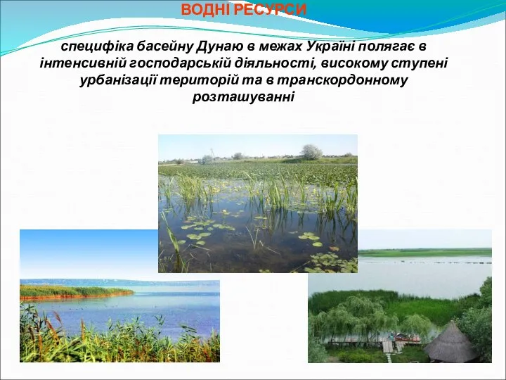 ВОДНІ РЕСУРСИ специфіка басейну Дунаю в межах Україні полягає в інтенсивній