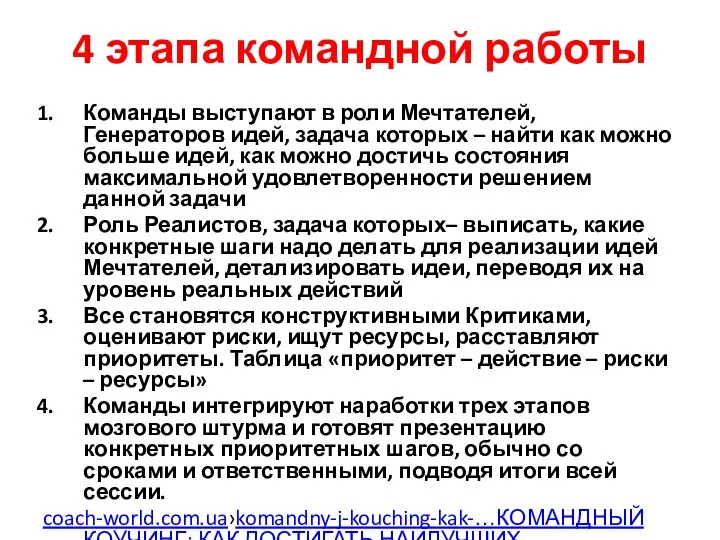 4 этапа командной работы Команды выступают в роли Мечтателей, Генераторов идей,