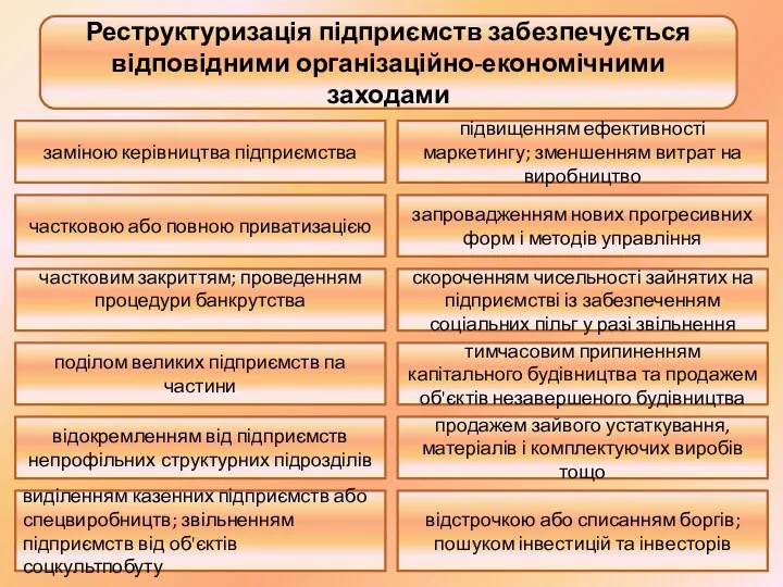 Реструктуризація підприємств забезпечується відповідними організаційно-економічними заходами частковою або повною приватизацією заміною