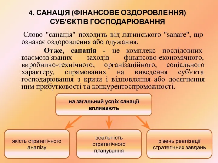 4. САНАЦІЯ (ФІНАНСОВЕ ОЗДОРОВЛЕННЯ) СУБ'ЄКТІВ ГОСПОДАРЮВАННЯ Слово "санація" походить від латинського