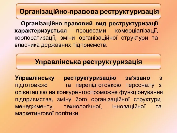 Організаційно-правовий вид реструктуризації характеризується процесами комерціалізації, корпоратизації, зміни організаційної структури та