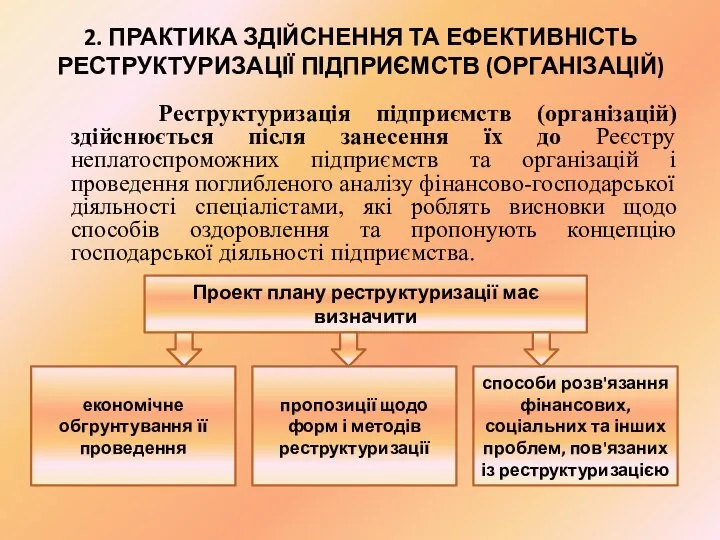 2. ПРАКТИКА ЗДІЙСНЕННЯ ТА ЕФЕКТИВНІСТЬ РЕСТРУКТУРИЗАЦІЇ ПІДПРИЄМСТВ (ОРГАНІЗАЦІЙ) Реструктуризація підприємств (організацій)