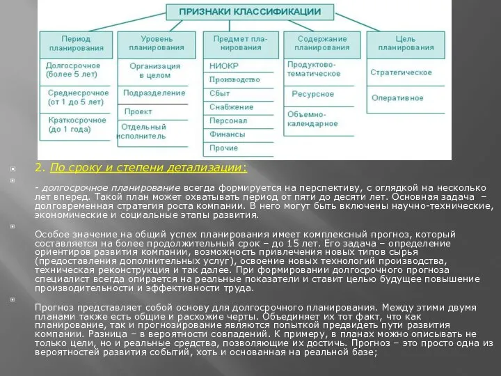 2. По сроку и степени детализации: - долгосрочное планирование всегда формируется