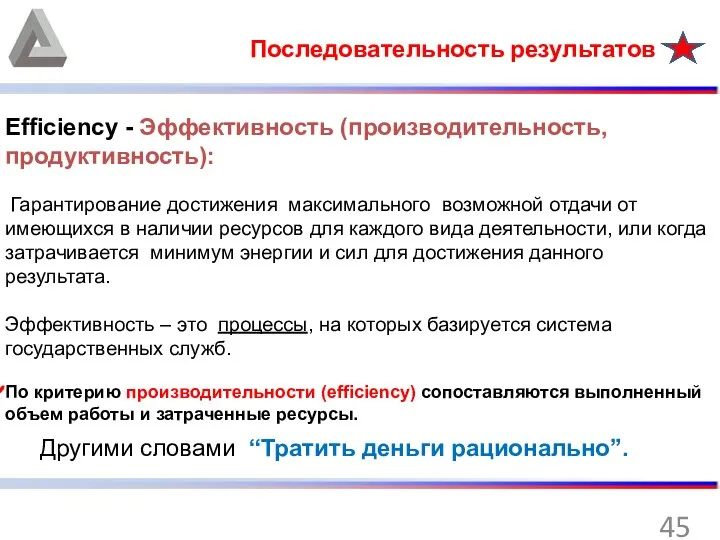 Последовательность результатов Efficiency - Эффективность (производительность, продуктивность): Гарантирование достижения максимального возможной