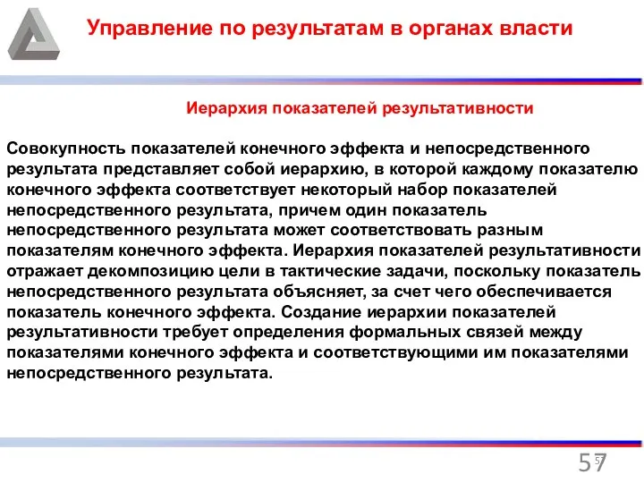 Управление по результатам в органах власти Иерархия показателей результативности Совокупность показателей