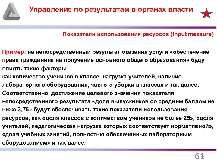 Управление по результатам в органах власти Показатели использования ресурсов (input measure)