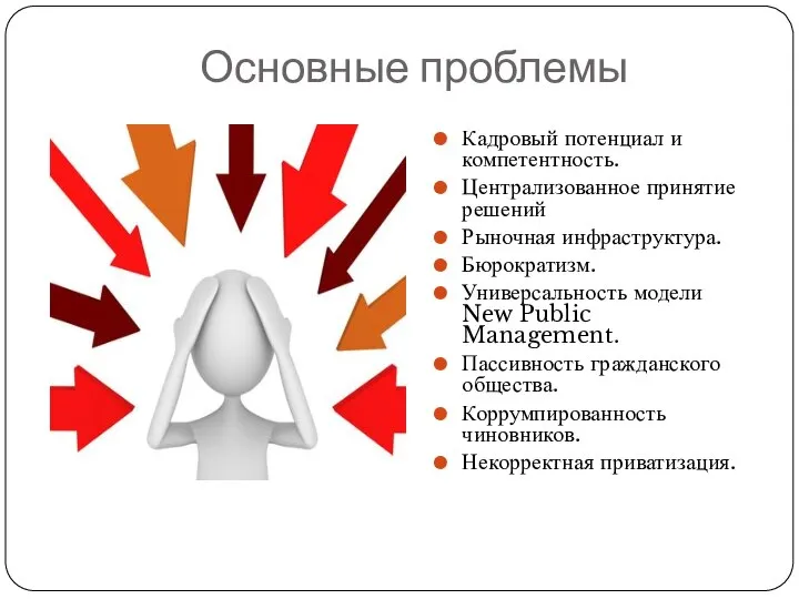 Основные проблемы Кадровый потенциал и компетентность. Централизованное принятие решений Рыночная инфраструктура.