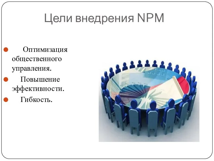 Цели внедрения NPM Оптимизация общественного управления. Повышение эффективности. Гибкость.