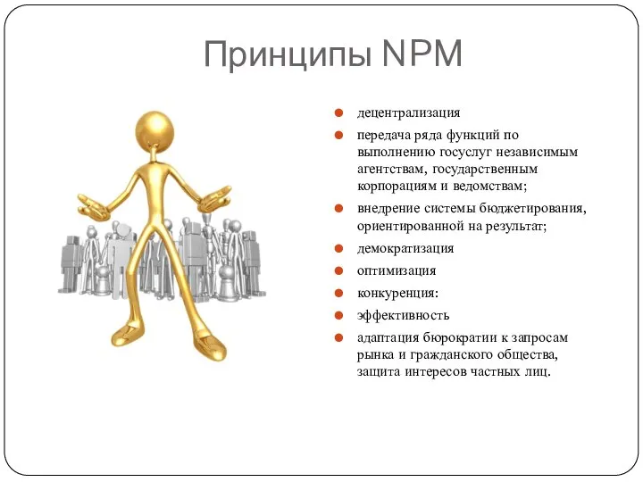 Принципы NPM децентрализация передача ряда функций по выполнению госуслуг независимым агентствам,