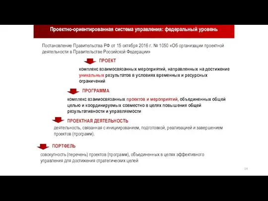 Проектно-ориентированная система управления: федеральный уровень Постановление Правительства РФ от 15 октября