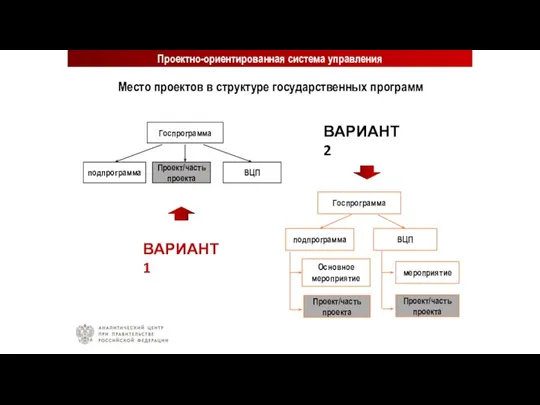 Проектно-ориентированная система управления Место проектов в структуре государственных программ ВАРИАНТ 1 ВАРИАНТ 2