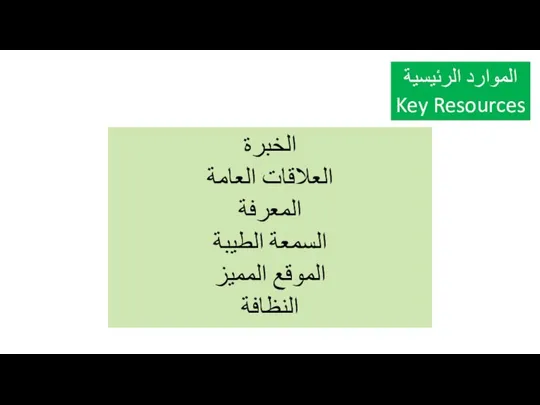 الموارد الرئيسية Key Resources الخبرة العلاقات العامة المعرفة السمعة الطيبة الموقع المميز النظافة