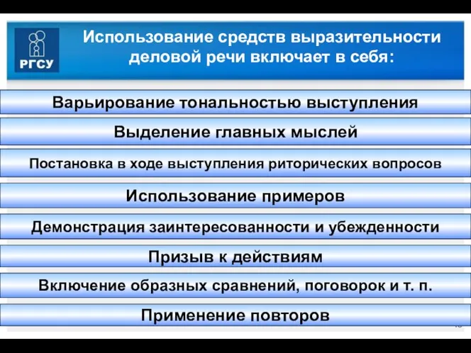 Использование средств выразительности деловой речи включает в себя: