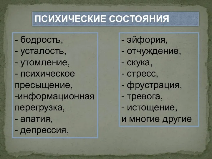 - бодрость, - усталость, - утомление, - психическое пресыщение, -информационная перегрузка,