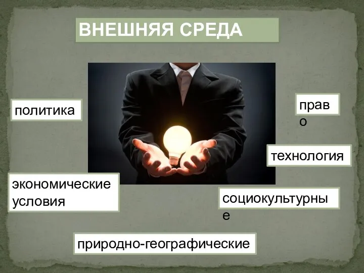 ВНЕШНЯЯ СРЕДА экономические условия политика право социокультурные технология природно-географические