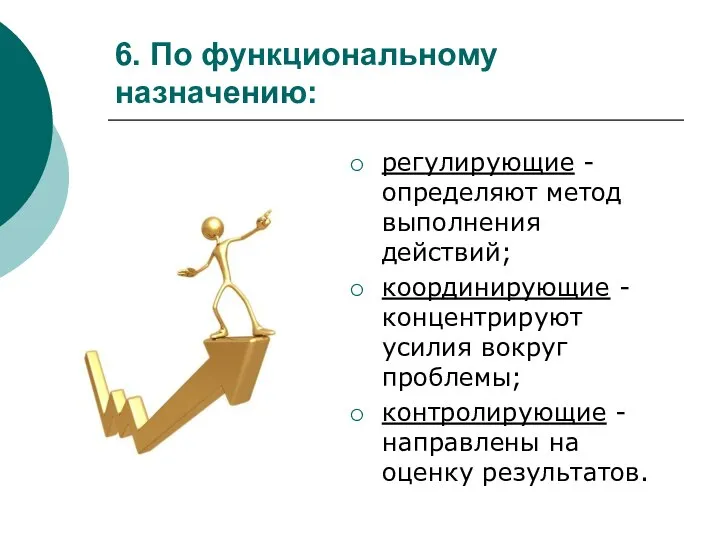 6. По функциональному назначению: регулирующие - определяют метод выполнения действий; координирующие