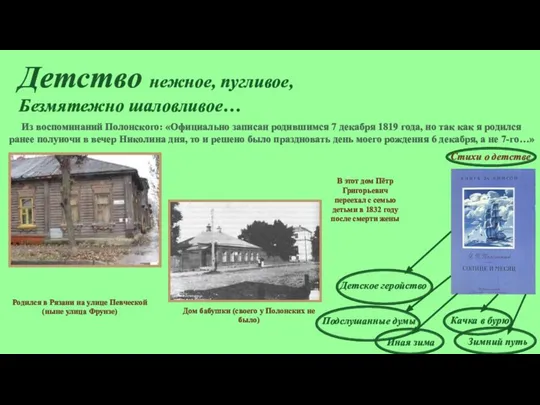 Детство нежное, пугливое, Безмятежно шаловливое… Из воспоминаний Полонского: «Официально записан родившимся